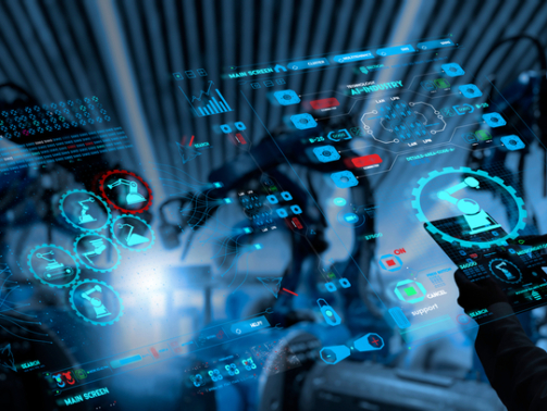 Factory,Female,Industrial,Engineer,Working,With,Automation,Robot,Arms,Machine