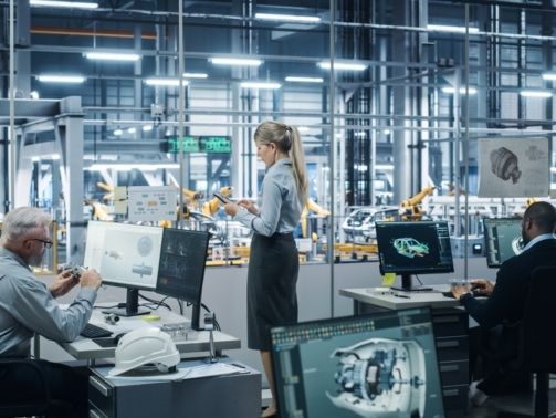 Car,Factory,Office:,Team,Of,Automotive,Engineers,Working,,Using,Computers