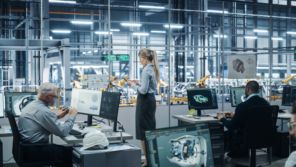 Car,Factory,Office:,Team,Of,Automotive,Engineers,Working,,Using,Computers