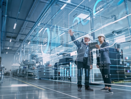 Factory,Digitalization:,Two,Industrial,Engineers,Use,Tablet,Computer,,Visualize,The