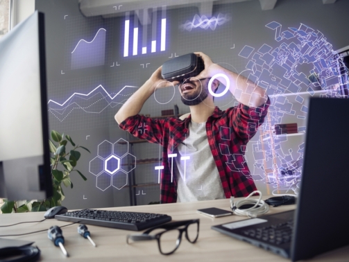 Creative,Photo,Banner,Collage,Of,Young,Engineer,Man,Simulation,Finance